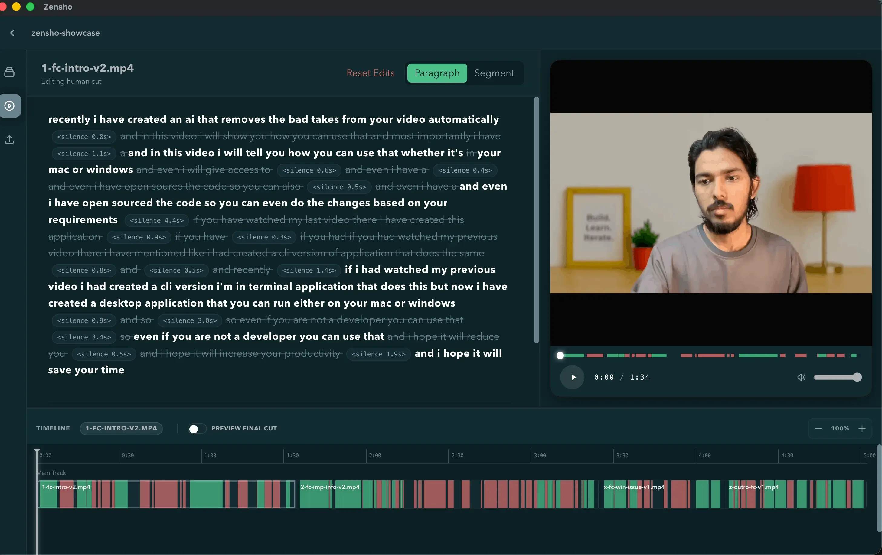 MacOS app showing rough-cut paragraph view